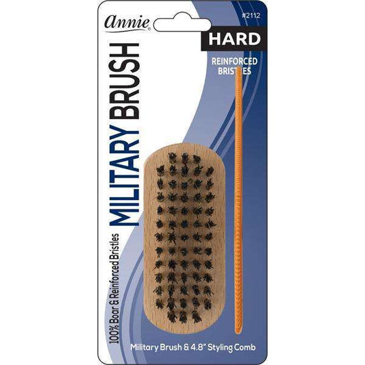 Annie Hard Mini Wooden Military Brush & Comb Set, Boar & Nylon Bristle, Light Brown
