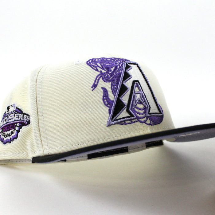 Arizona Diamondbacks 2001 World Series New Era 59Fifty Fitted Hat (GITD Chrome White Black Lavender Under Brim)