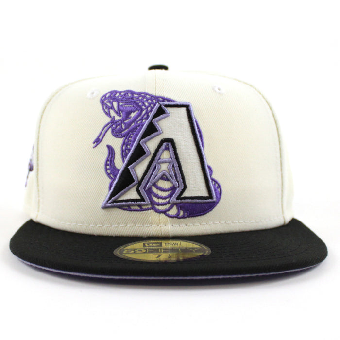 Arizona Diamondbacks 2001 World Series New Era 59Fifty Fitted Hat (GITD Chrome White Black Lavender Under Brim)