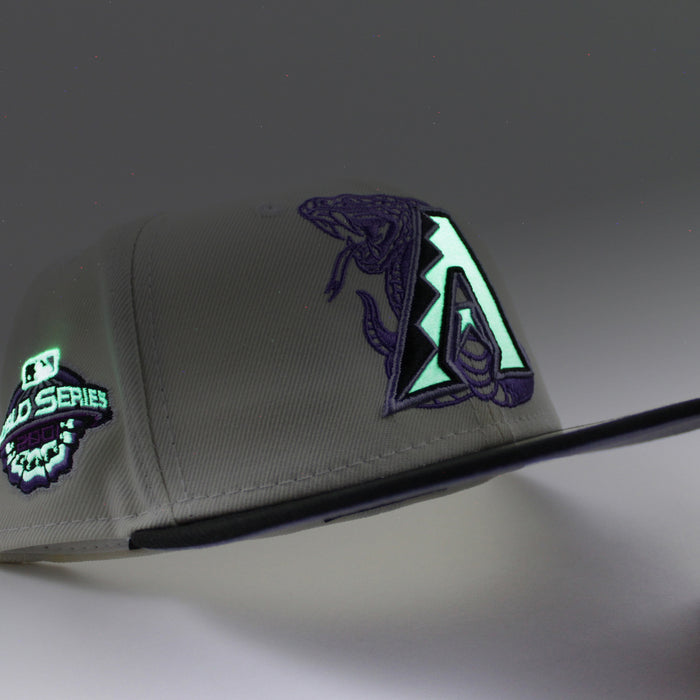 Arizona Diamondbacks 2001 World Series New Era 59Fifty Fitted Hat (GITD Chrome White Black Lavender Under Brim)