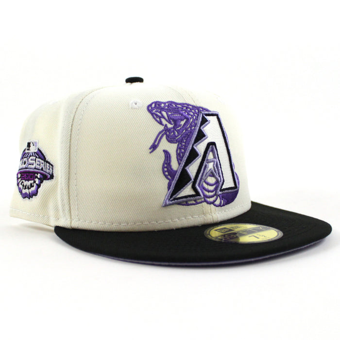 Arizona Diamondbacks 2001 World Series New Era 59Fifty Fitted Hat (GITD Chrome White Black Lavender Under Brim)