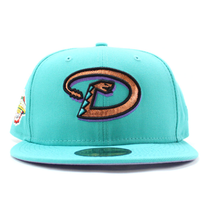 Arizona Diamondbacks 2001 World Series New Era 59Fifty Fitted Hat (Glow in the Dark Logo Teal Lavender Under Brim)
