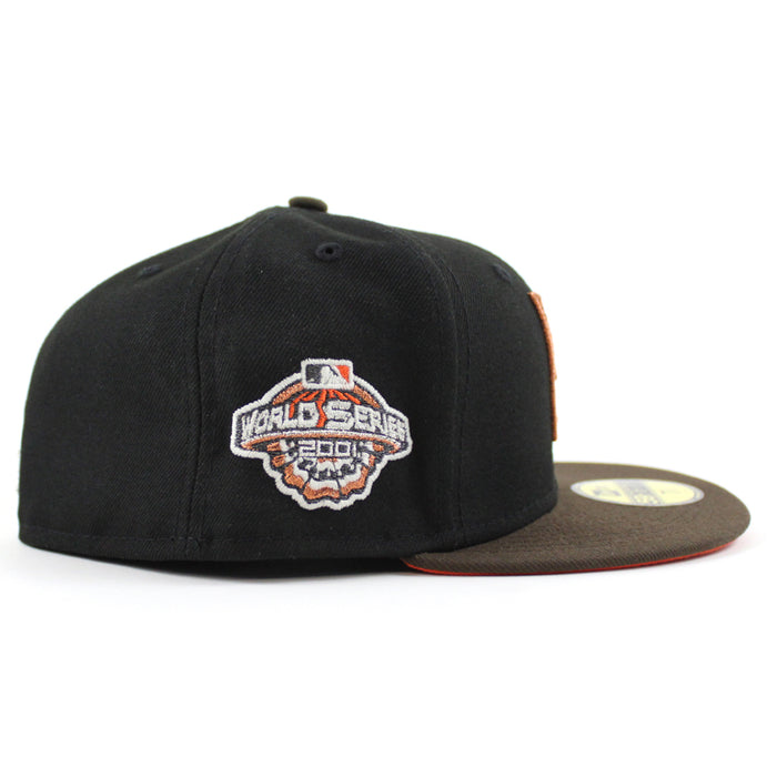 Arizona Diamondbacks 2001 World Series New Era 59Fifty Fitted Hat (Upside Logo Black Walnut Orange Under Brim)