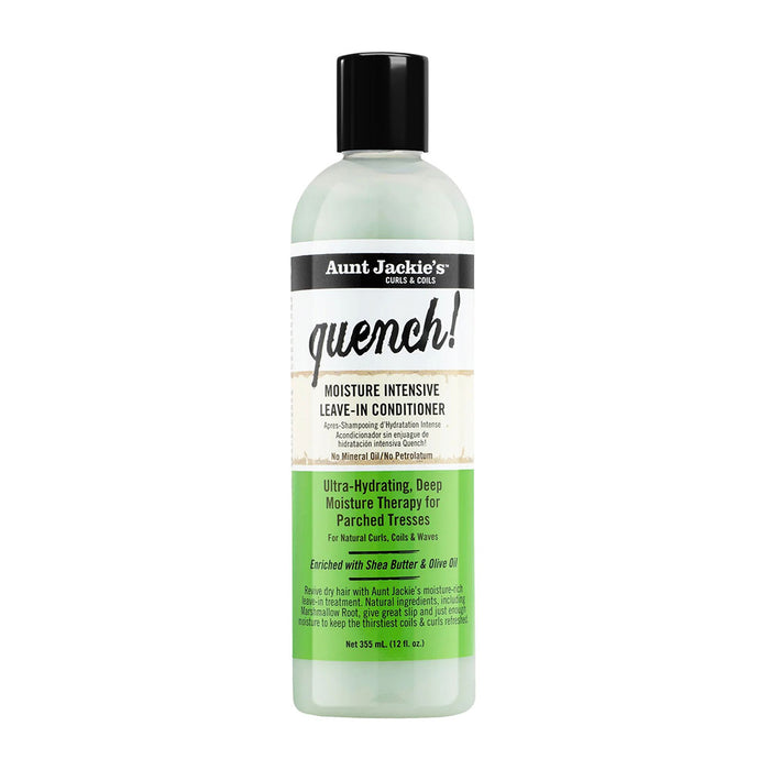 Aunt Jackies quench bottle of moisture intensive leave-in conditioner with green label and black cap