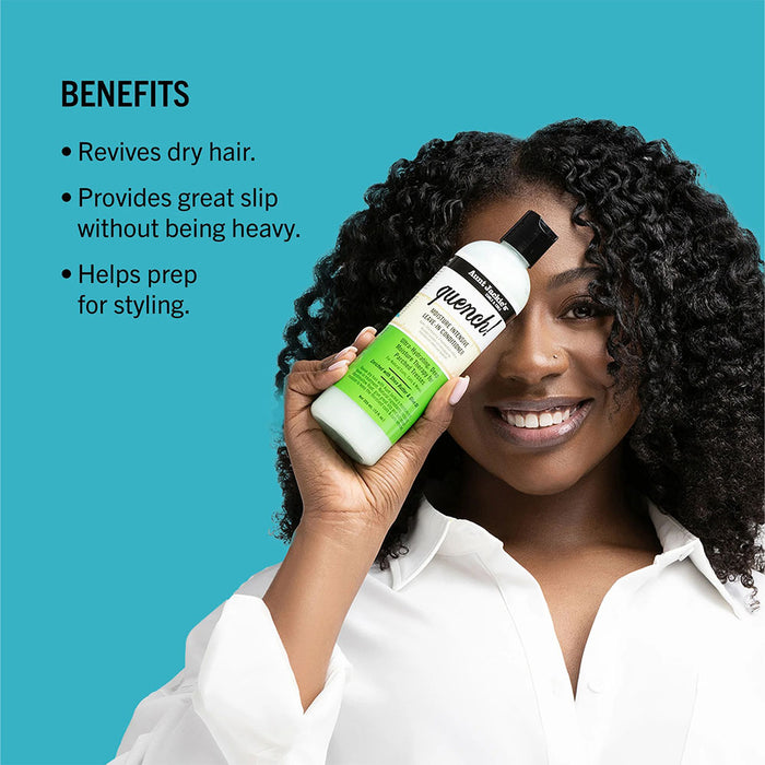 Aunt Jackies model with curly hair holding moisture intensive leave-in conditioner bottle showing benefits slip and styling prep