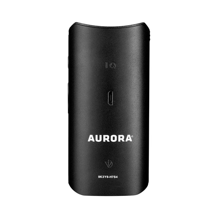 Front view of the black Aurora Davinci Vaporizer, showing a sleek, cylindrical design against a plain dark background.