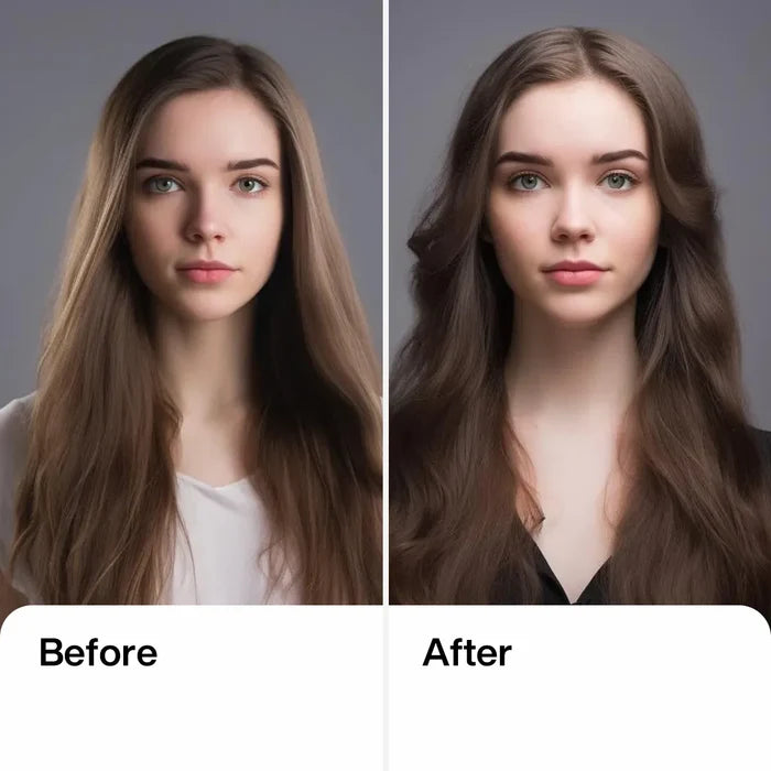 Before and after comparison of Balancing Conditioner on a person with long, dark hair.
