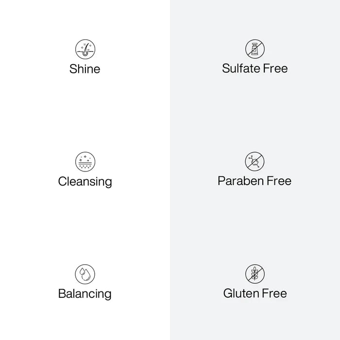 Feature icon panel listing Shine, Cleansing, Balancing, Sulfate Free, Paraben Free and Gluten Free