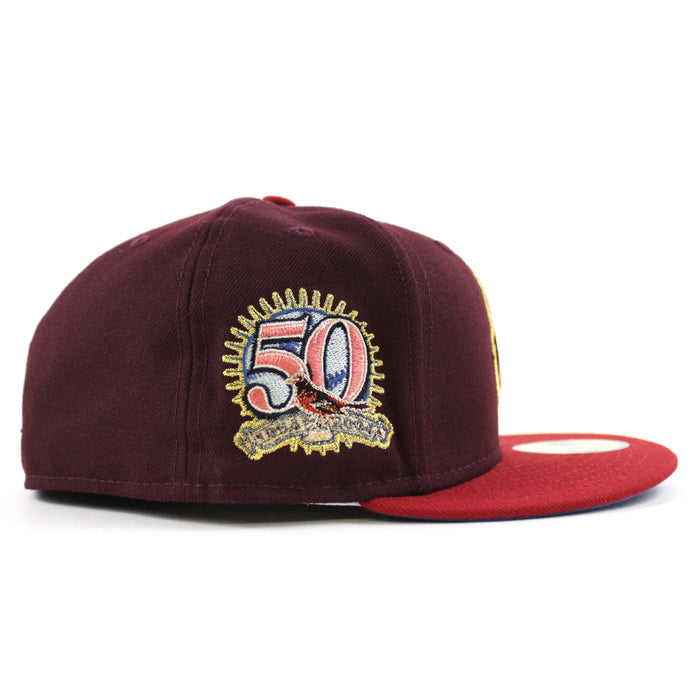 Baltimore Orioles 50TH ANNIVERSARY 59Fifty New Era Fitted Hat (MAROON PINOT RED RAINSTORM Under Brim)