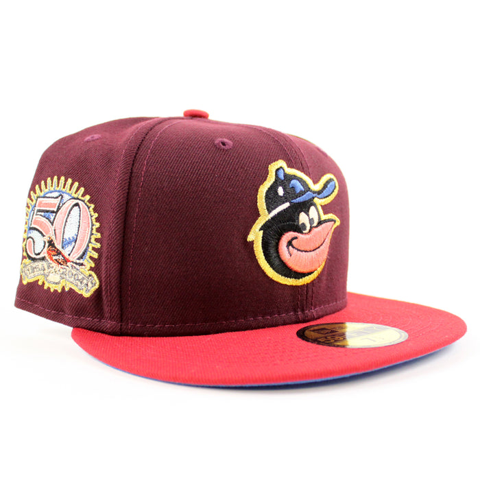 Baltimore Orioles 50TH ANNIVERSARY 59Fifty New Era Fitted Hat (MAROON PINOT RED RAINSTORM Under Brim)