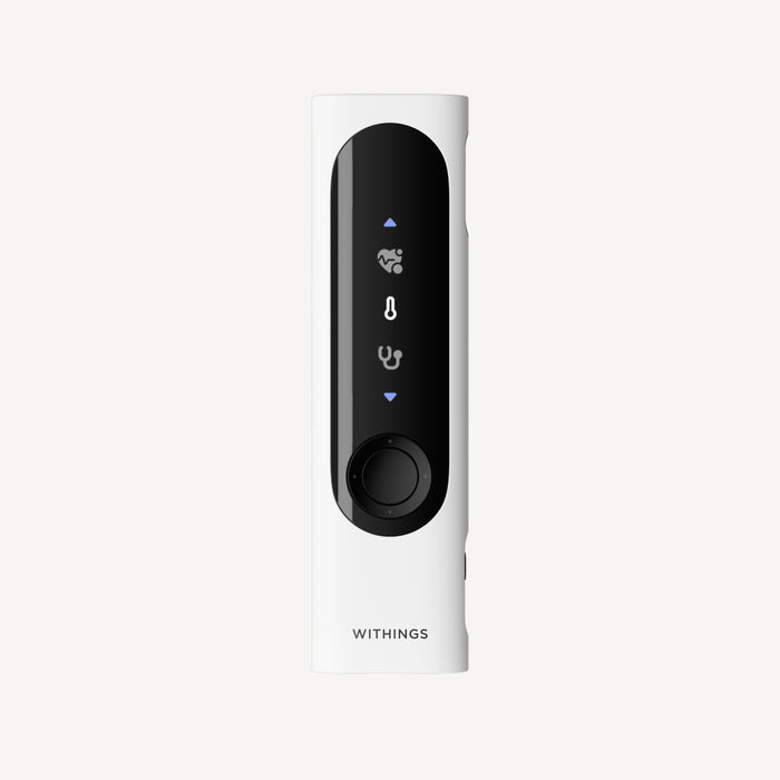 Withings BeamO — Beam-O — Front view on white background, vertical white and black device with OLED screen and health icons — front, plain background, compact, monochrome