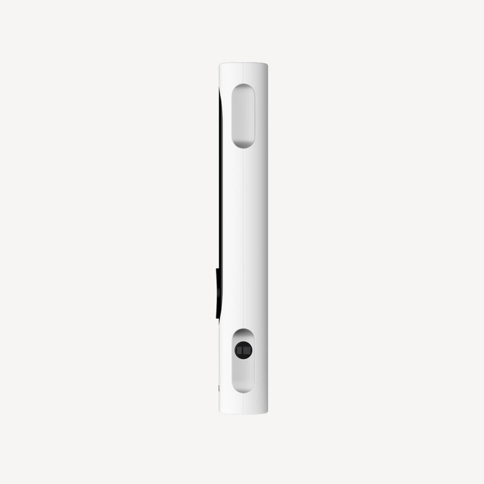 BeamO — Beam-O — Right side view on white background, slim white body with oval slot at top and black circular port at bottom — side view, white, vertical