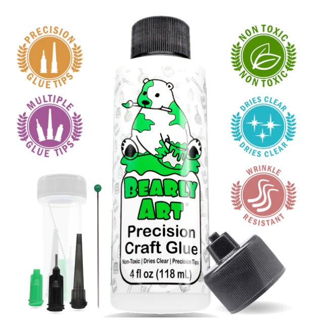 Bearly Art - Precision Craft Glue - The Original. 4 Fl Oz, Tip Kit, Tip Cap. CLEAR-DRYING, MULTIPLE-SIZED TIPS, WRINKLE & CLUMP RESISTANT, NON-TOXIC & FREEZE/THAW STABLE. Available at Embellish Away located in Bowmanville Ontario Canada.