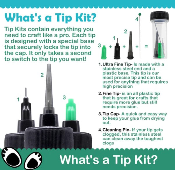Bearly Art - Precision Craft Glue - Tip Kit. Tip Kit (Ultra-Fine Tip, Fine Tip, Storage Tip, Cleaning Pin) Each Tip Kit contains our Ultra-Fine Tip, Fine Tip, Storage Tip, and Cleaning Pin. Available at Embellish Away located in Bowmanville Ontario Canada.