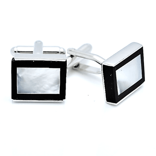 T.M.J black onyx mother of pearl cufflinks with rectangular silver frame and polished finish