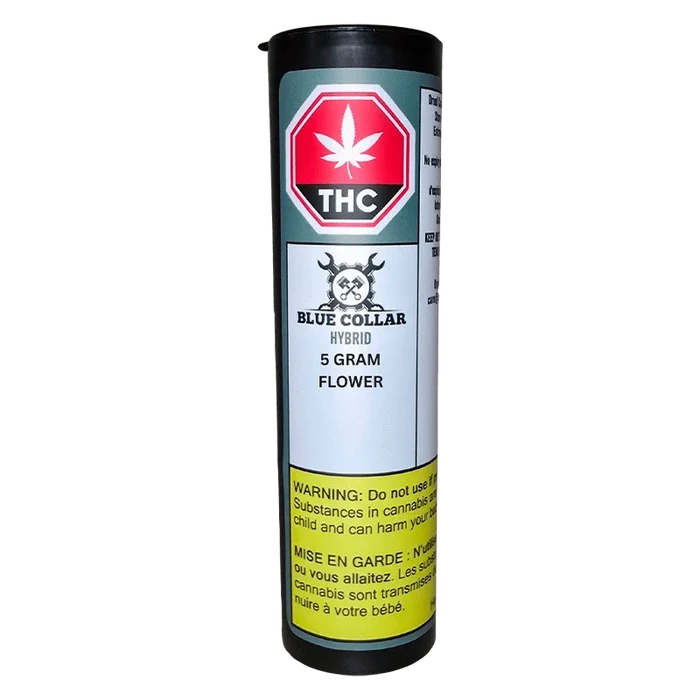 Front-facing photo of the Blue Collar Hybrid 5 g cylindrical tube with THC emblem and yellow warning panel.