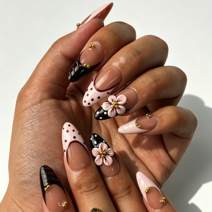 Sheer nude base wavy french reusable false nails medium almond spring style