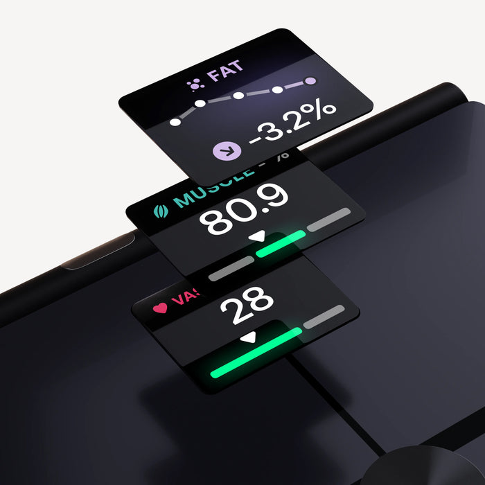 BodyFit — Black — Floating metric cards showing fat -3.2%, muscle 80.9 and VAT 28 over black scale, top-down angle — infographic, health data, close-up
