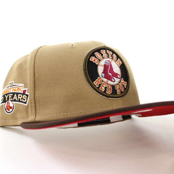 Boston Red Sox FENWAY PARK 100 YEARS New Era 59Fifty Fitted Hat (KHAKI BURNT WOOD SCARLET Under Brim)