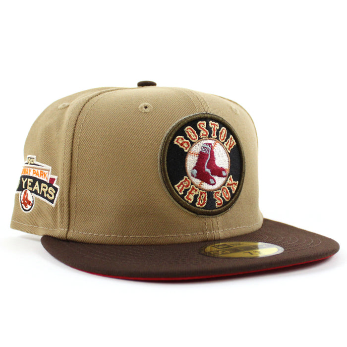 Boston Red Sox FENWAY PARK 100 YEARS New Era 59Fifty Fitted Hat (KHAKI BURNT WOOD SCARLET Under Brim)