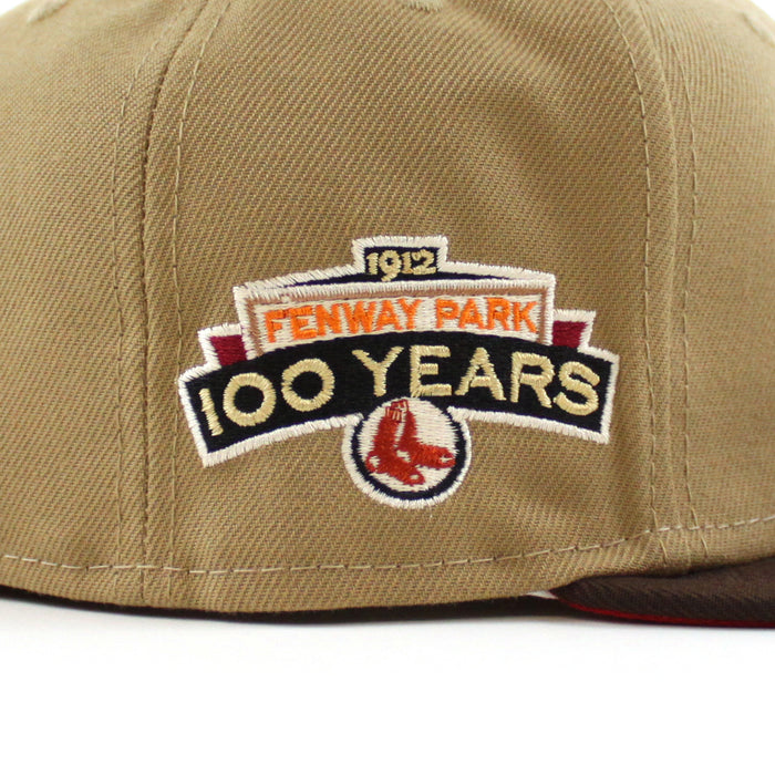 Boston Red Sox FENWAY PARK 100 YEARS New Era 59Fifty Fitted Hat (KHAKI BURNT WOOD SCARLET Under Brim)