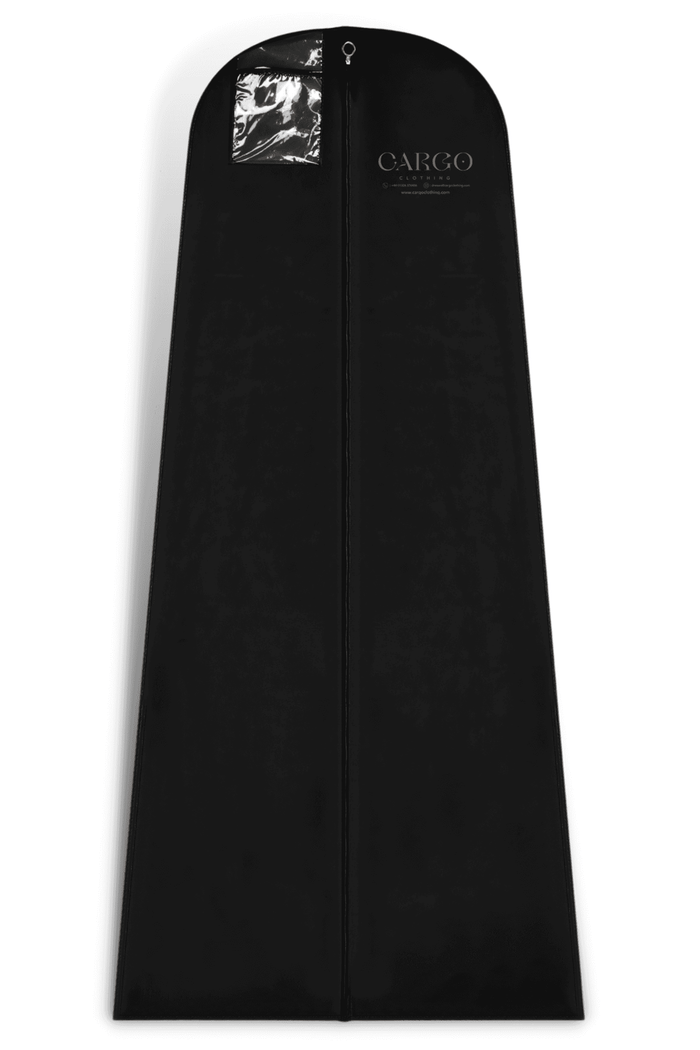 Full Length Dress Bag by Cargo Clothing in black with zipper closure and clear ID window. Ideal for dust-free storage of long gowns and dresses.