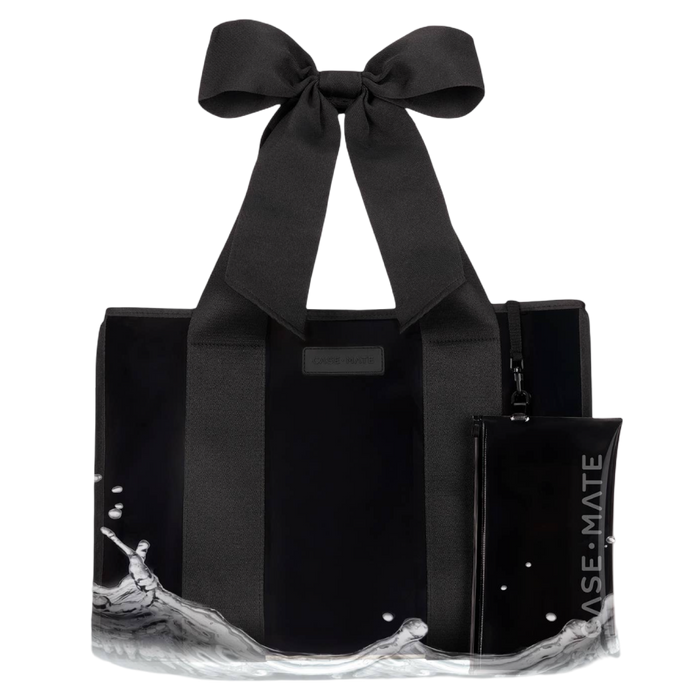 Black tote bag with a large bow and matching pouch on a white background