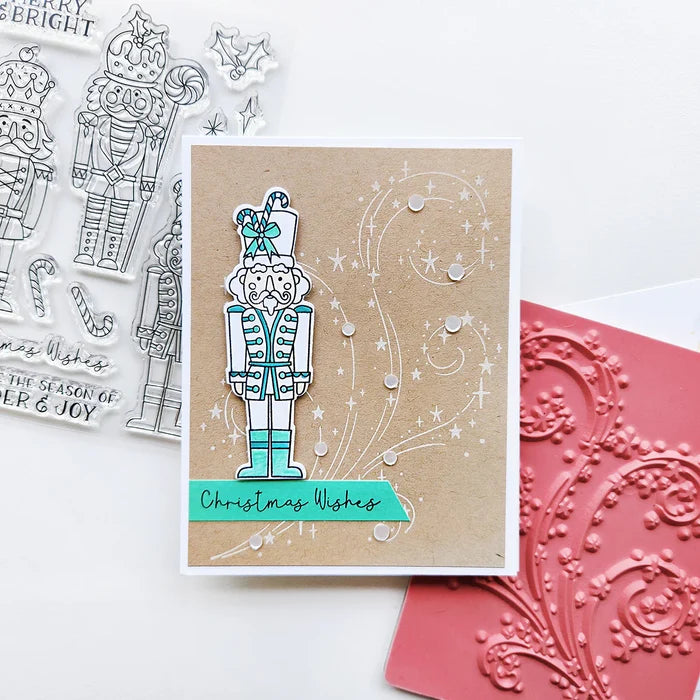 Catherine Pooler - Background Stamp - It's Magic. Inspired by the beloved Swirling Snow and Blowing Leaves designs, this stamp features a captivating swirl of dazzling stars that will bring a touch of Christmas magic to your cards. Available at Embellish Away located in Bowmanville Ontario Canada. Card example by Catherine Pooler Designs.