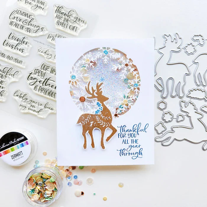 Catherine Pooler - Sentiments Stamp & Die - Loving Words. Holiday and year round sentiments. Available at Embellish Away located in Bowmanville Ontario Canada. Example by Catherine Pooler Designs.