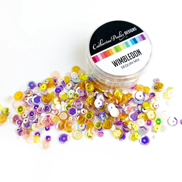 Catherine Pooler - Sequin Mix - Wimbledon. This famous area is a mecca for tennis lovers around the world. Features sequins in shades of golden yellow, iridescent peach and pops of purple. Available at Embellish Away located in Bowmanville Ontario Canada.