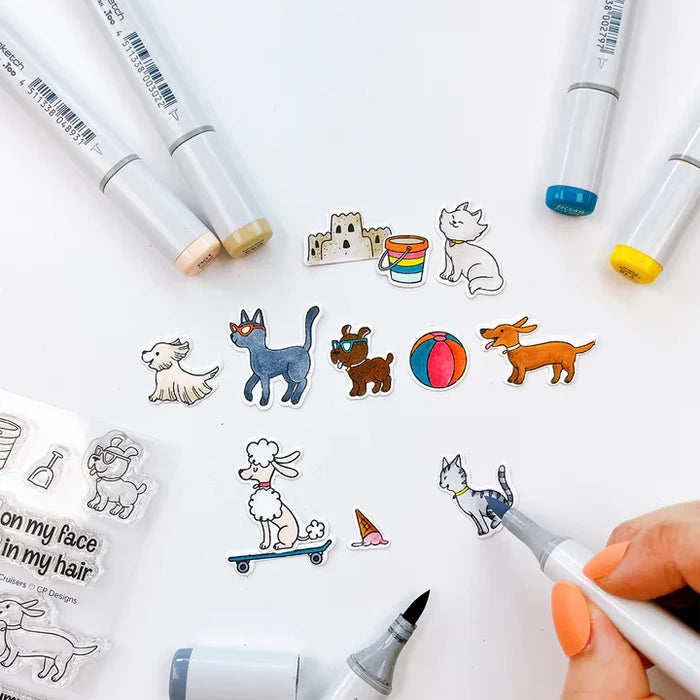 Catherine Pooler - Stamp &amp; Die Set - Boardwalk Cruisers. These perky pal cats and dogs love some fun. This stamp set includes pets that are ready to roll on their skateboard or longboard, play in the sand or eat your dropped ice cream cone! Available at Embellish Away located in Bowmanville Ontario Canada.