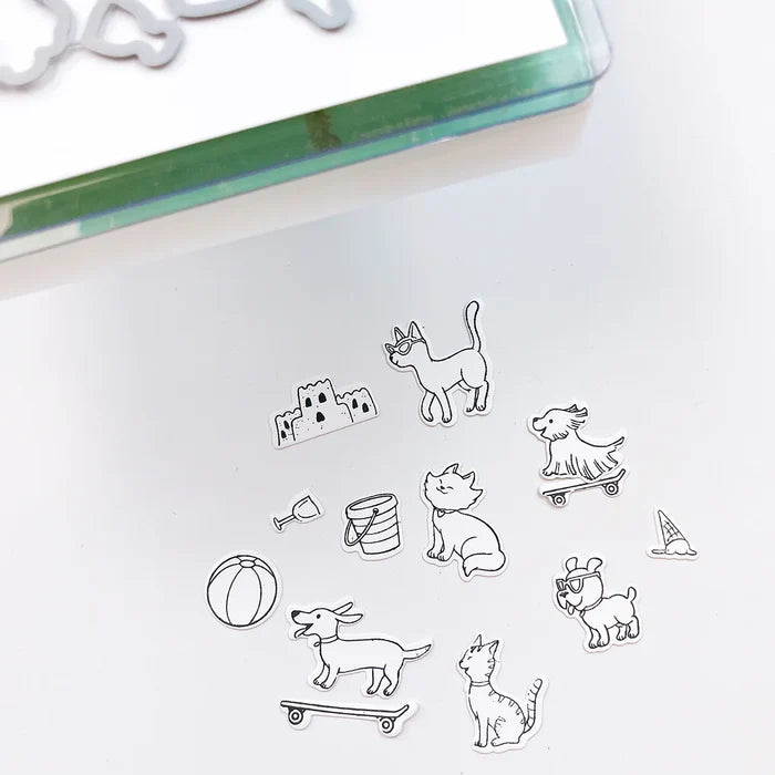 Catherine Pooler - Stamp &amp; Die Set - Boardwalk Cruisers. These perky pal cats and dogs love some fun. This stamp set includes pets that are ready to roll on their skateboard or longboard, play in the sand or eat your dropped ice cream cone! Available at Embellish Away located in Bowmanville Ontario Canada.