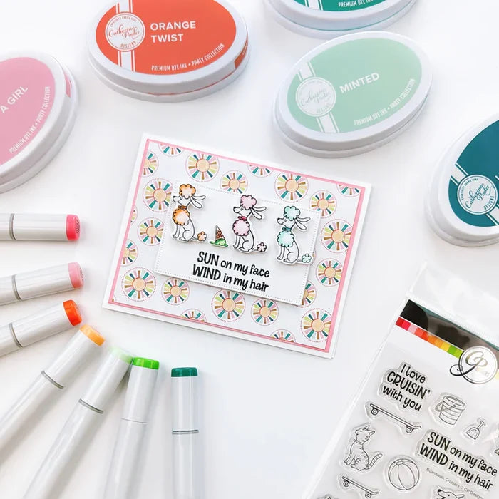 Catherine Pooler - Stamp &amp; Die Set - Boardwalk Cruisers. These perky pal cats and dogs love some fun. This stamp set includes pets that are ready to roll on their skateboard or longboard, play in the sand or eat your dropped ice cream cone! Available at Embellish Away located in Bowmanville Ontario Canada. Card example by Catherine Pooler Designs.