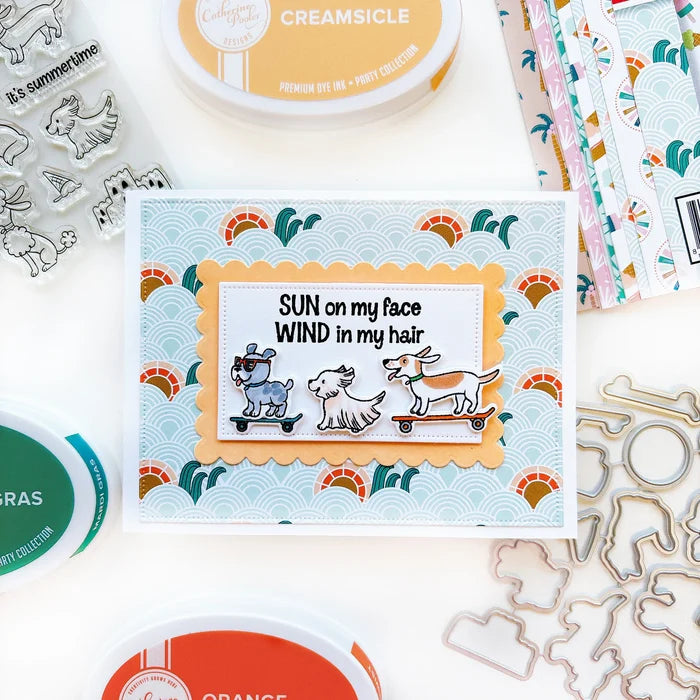 Catherine Pooler - Stamp &amp; Die Set - Boardwalk Cruisers. These perky pal cats and dogs love some fun. This stamp set includes pets that are ready to roll on their skateboard or longboard, play in the sand or eat your dropped ice cream cone! Available at Embellish Away located in Bowmanville Ontario Canada. Card example by Catherine Pooler Designs.