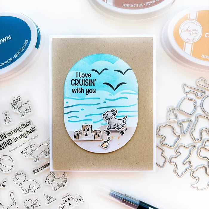 Catherine Pooler - Stamp &amp; Die Set - Boardwalk Cruisers. These perky pal cats and dogs love some fun. This stamp set includes pets that are ready to roll on their skateboard or longboard, play in the sand or eat your dropped ice cream cone! Available at Embellish Away located in Bowmanville Ontario Canada. Card example by Catherine Pooler Designs.