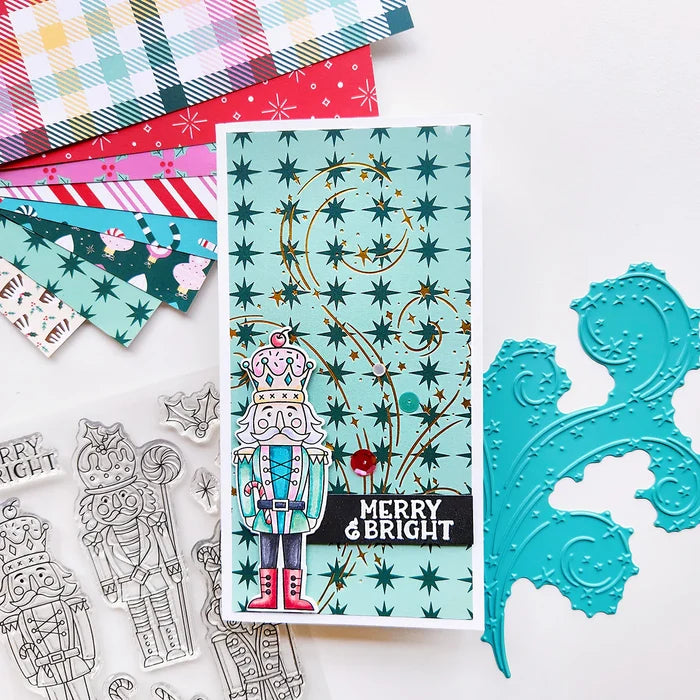 Catherine Pooler - Stamp &amp; Die Set - Nutcracker Sweet. Meet the cutest nutcrackers in town! This whimsical set features charming nutcrackers adorned in a delightful array of sweets and treats, including cupcakes, candy canes, and figgy pudding. Available at Embellish Away located in Bowmanville Ontario Canada. Example by Catherine Pooler Designs.