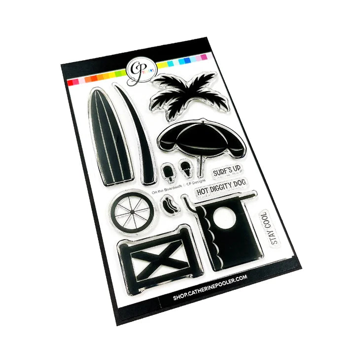 Catherine Pooler - Stamp &amp; Die Set - On the Boardwalk. This set is perfect for building scenes, clustering or simple cards. This set includes a palm tree, surf board, the boardwalk fence and all the bits to build your own treat cart. Available at Embellish Away located in Bowmanville Ontario Canada.