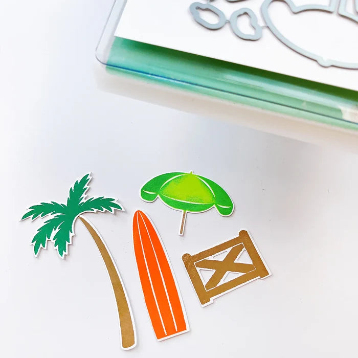 Catherine Pooler - Stamp &amp; Die Set - On the Boardwalk. This set is perfect for building scenes, clustering or simple cards. This set includes a palm tree, surf board, the boardwalk fence and all the bits to build your own treat cart. Available at Embellish Away located in Bowmanville Ontario Canada.