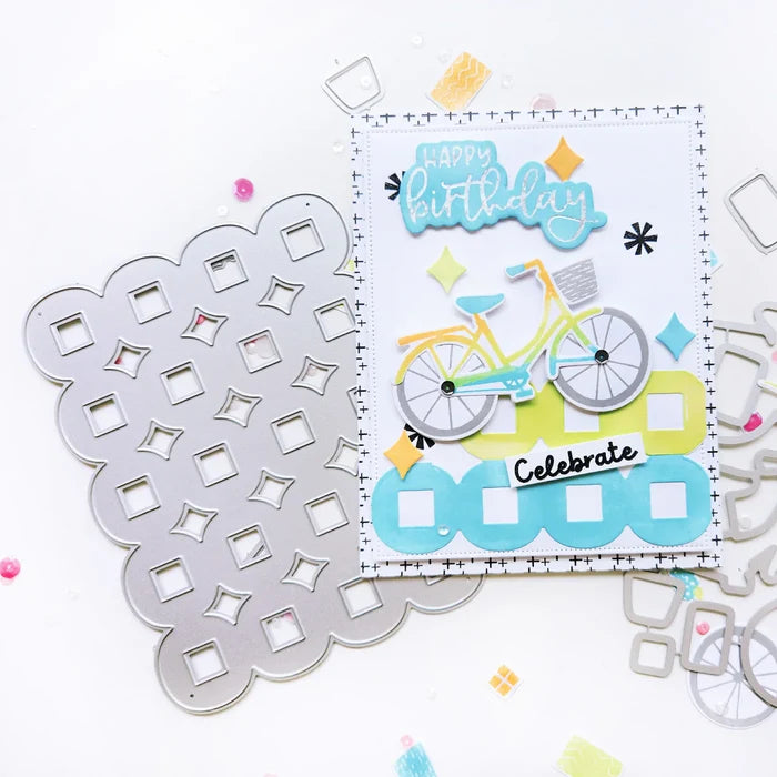 Catherine Pooler - Stamp &amp; Die Set - Pedaling By. Featuring a birthday bike with tons of fun decorations. Decorate with the gifts, balloons and bunting. There's also a basket that can be filled with flowers or a kitty to take along or the ride! Available at Embellish Away located in Bowmanville Ontario Canada. Example by Catherine Pooler Designs.