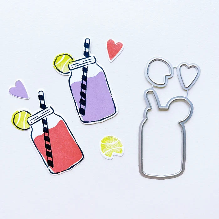 Catherine Pooler - Stamp & Die Set - Serving LOVE. Serve up some love in the form of a cold, court-side beverage with this adorable set. The Serving LOVE Stamp Set features a classic jar style drink complete with tennis ball garnish and striped straw! Available at Embellish Away located in Bowmanville Ontario Canada.