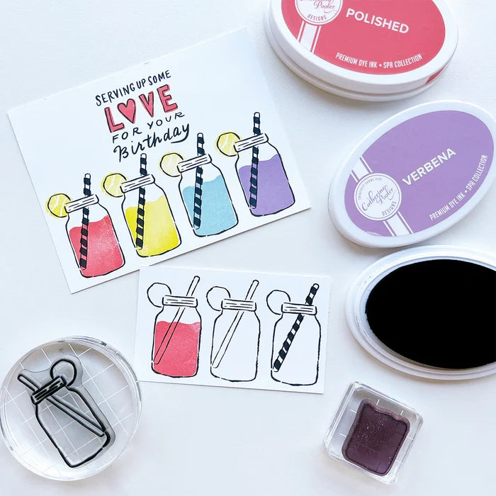 Catherine Pooler - Stamp & Die Set - Serving LOVE. Serve up some love in the form of a cold, court-side beverage with this adorable set. The Serving LOVE Stamp Set features a classic jar style drink complete with tennis ball garnish and striped straw! Available at Embellish Away located in Bowmanville Ontario Canada. Example by Catherine Pooler Designs.