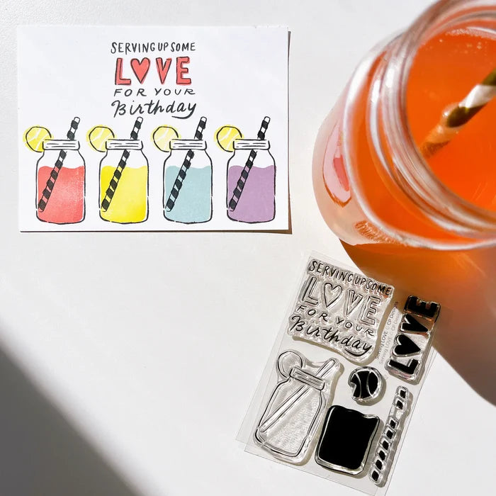 Catherine Pooler - Stamp & Die Set - Serving LOVE. Serve up some love in the form of a cold, court-side beverage with this adorable set. The Serving LOVE Stamp Set features a classic jar style drink complete with tennis ball garnish and striped straw! Available at Embellish Away located in Bowmanville Ontario Canada. Example by Catherine Pooler Designs.