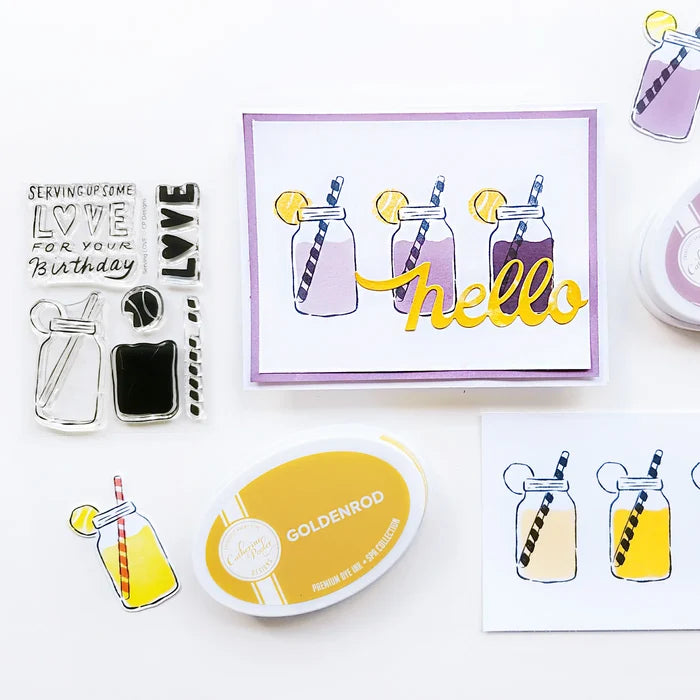 Catherine Pooler - Stamp & Die Set - Serving LOVE. Serve up some love in the form of a cold, court-side beverage with this adorable set. The Serving LOVE Stamp Set features a classic jar style drink complete with tennis ball garnish and striped straw! Available at Embellish Away located in Bowmanville Ontario Canada. Example by Catherine Pooler Designs.