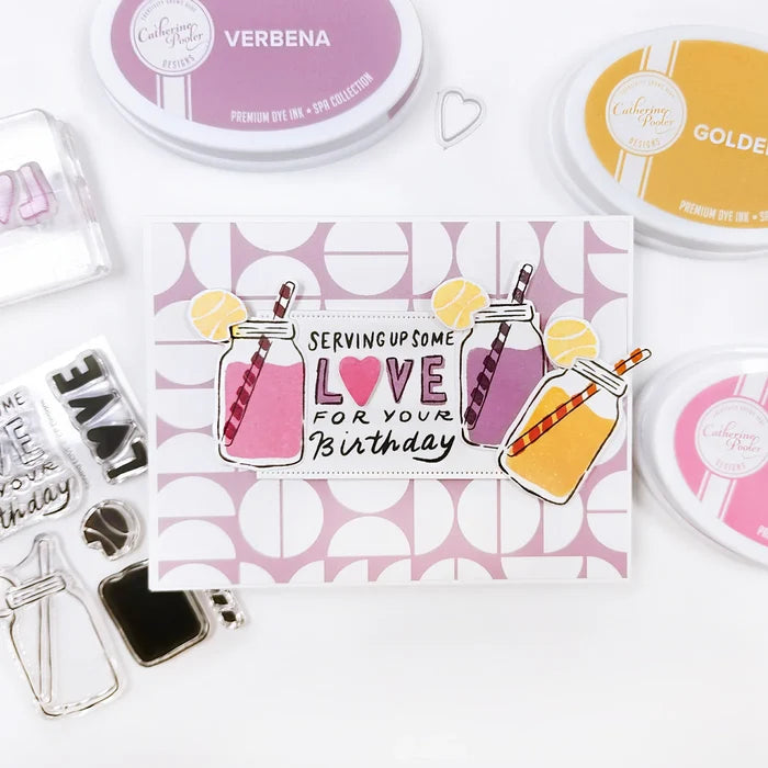 Catherine Pooler - Stamp & Die Set - Serving LOVE. Serve up some love in the form of a cold, court-side beverage with this adorable set. The Serving LOVE Stamp Set features a classic jar style drink complete with tennis ball garnish and striped straw! Available at Embellish Away located in Bowmanville Ontario Canada. Example by Catherine Pooler Designs.
