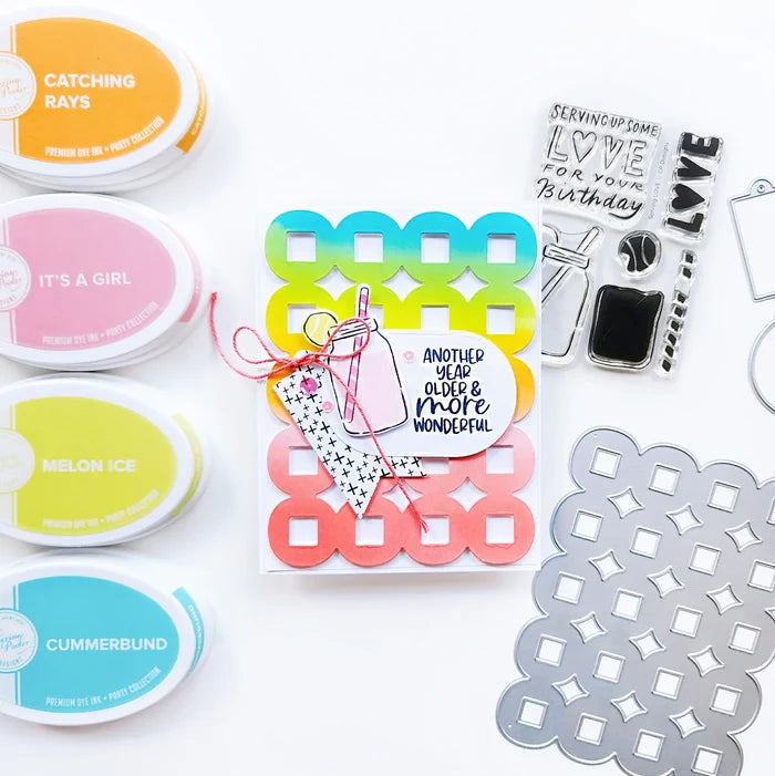 Catherine Pooler - Stamp & Die Set - Serving LOVE. Serve up some love in the form of a cold, court-side beverage with this adorable set. The Serving LOVE Stamp Set features a classic jar style drink complete with tennis ball garnish and striped straw! Available at Embellish Away located in Bowmanville Ontario Canada. Example by Catherine Pooler Designs.