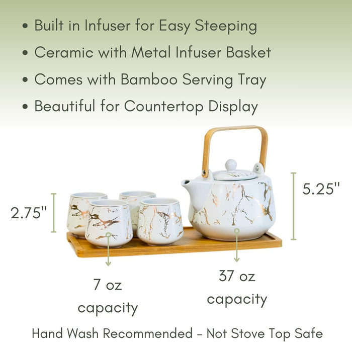 An Infographic description for the Ceramic Gold Marbled Tea Set.