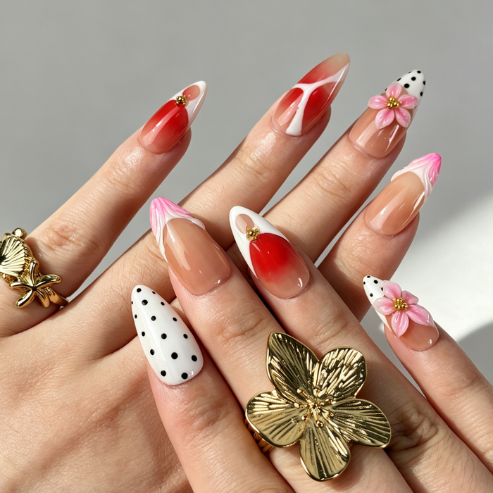 Cute Red Nude Press On Nails, 3D Flower Polka Dot Nails on Hand