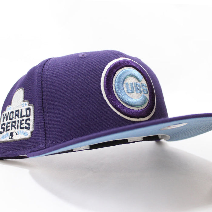 Chicago Cubs 2016 World Series New Era 59Fifty Fitted Hat (Glow in the Dark Purple Sky Blue Under Brim)