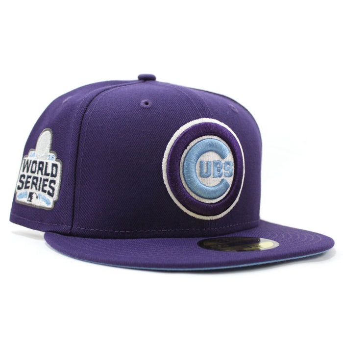 Chicago Cubs 2016 World Series New Era 59Fifty Fitted Hat (Glow in the Dark Purple Sky Blue Under Brim)