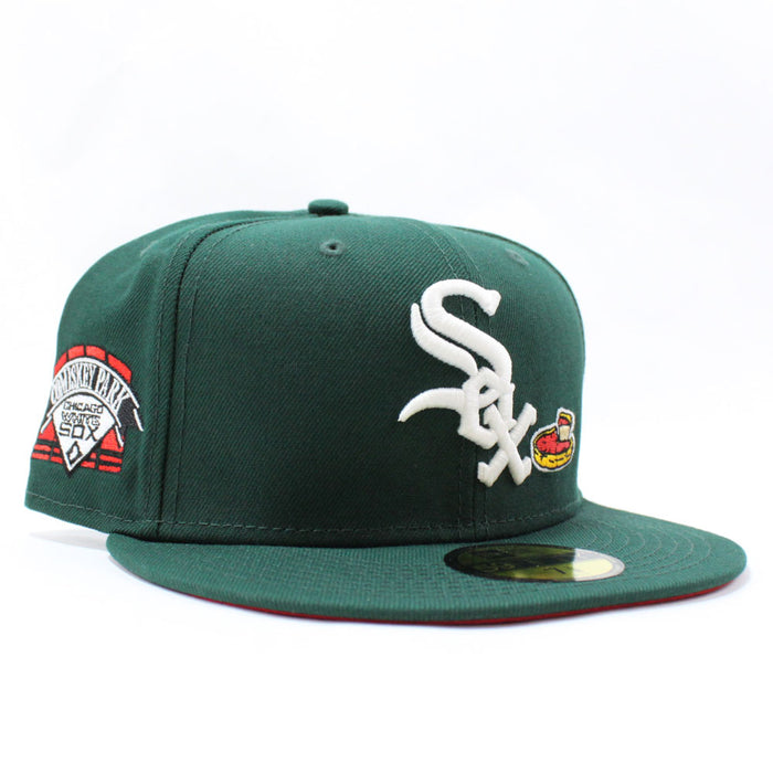 Chicago White Sox Deep Dish Comiskey Park Patch New Era Fitted 59Fifty Hat (Glow in the Dark Logo Green Red Under Brim)